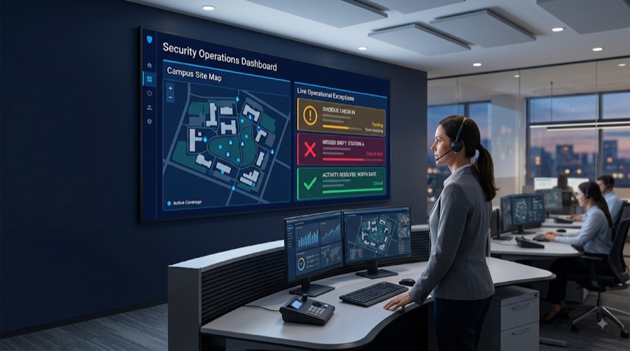 A supervisor in a security operations room watching a wall display of live operational exceptions beside a campus site map.