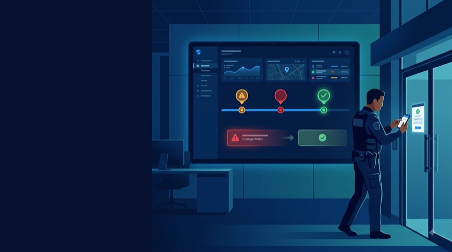 An officer checks in on a phone at a site entrance while the ShiftsGo console shows a missed-coverage alert resolving to covered.