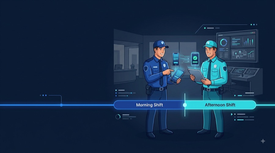 Two officers handing over a shift, with a timeline splitting a morning shift and an afternoon shift.