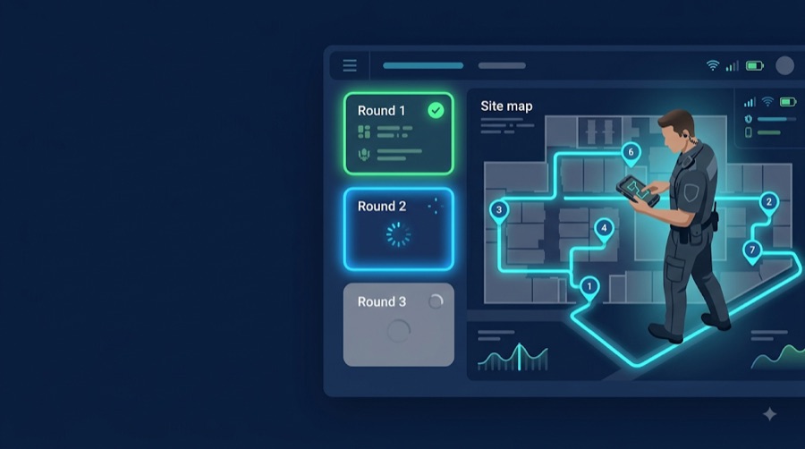 A patrol console showing Round 1 complete, Round 2 in progress and Round 3 upcoming beside a site map with numbered checkpoints.