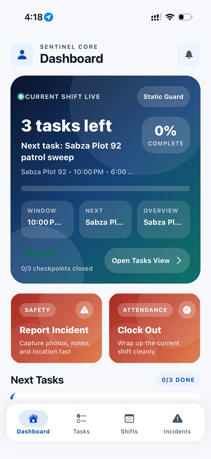 ShiftsGo Staff app showing shift progress and patrol actions